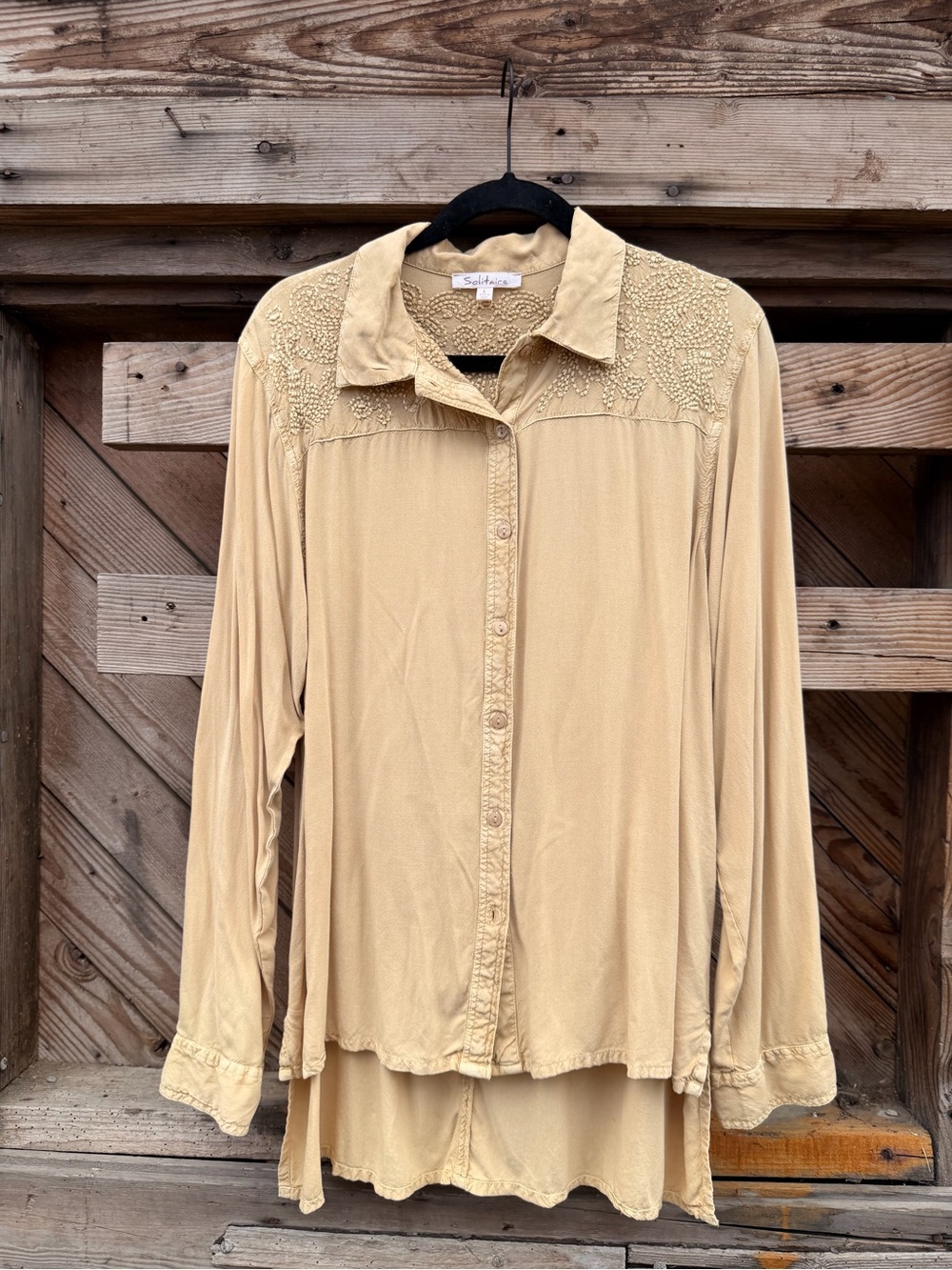Solitaire Beige Embroidered Button-Down Blouse